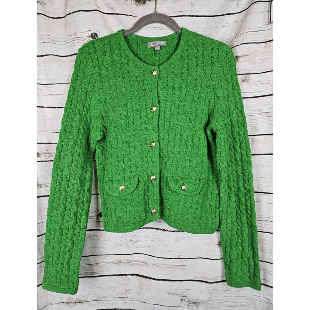 J Crew Odette Cable Knit Sweater Cardigan S Lady Jacket Green Textured Boucle